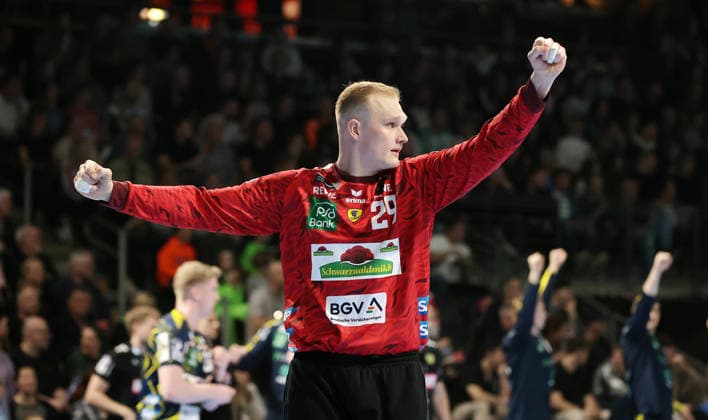 David Späth jubelt nach Parade Freude Emotion Jubel Handball HBL Bundesliga Herren 23. Spieltag Saison 2025 2026 01.03.2026 Füchse Berlin vs Rhein Neckar Löwen RNL