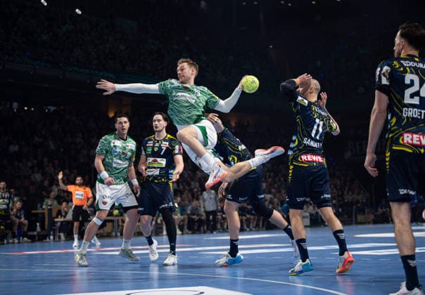 Handball, Herren, Saison 2025 2026, DAIKIN Handball-Bundesliga (23. Spieltag), Füchse Berlin - Rhein-Neckar Löwen, v.l. Mijajlo Marsenic (Füchse Berlin), Robert Timmermeister (Löwen), Mathias Gidsel (Füchse Berlin), Steven Plucnar Jacobsen (Löwen), Lukas Sandell (Löwen), Patrick Groetzki (Löwen), 01.03.2026, Copyright: xSebastianxRäppold MatthiasxKochx