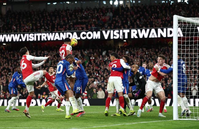 London, England, 1st March 2026. Jurrien Timber of Arsenal heads the second goal (2-1) during the Arsenal vs Chelsea Premier League match at the Emirates Stadium, London. Picture credit should read: David Klein Sportimage EDITORIAL USE ONLY. No use with unauthorised audio, video, data, fixture lists, club league logos or live services. Online in-match use limited to 120 images, no video emulation. No use in betting, games or single club league player publications. SPI_078_DK_Arsenal_Chelsea SPI-4568-0078