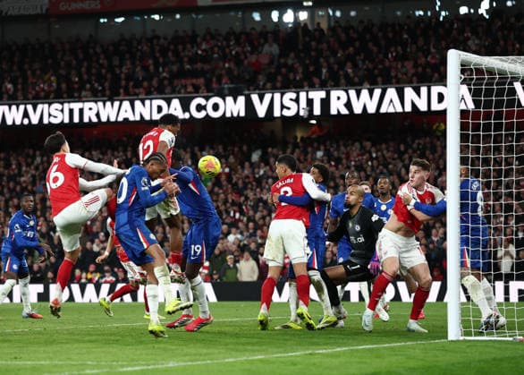 London, England, 1st March 2026. Jurrien Timber of Arsenal heads the second goal (2-1) during the Arsenal vs Chelsea Premier League match at the Emirates Stadium, London. Picture credit should read: David Klein Sportimage EDITORIAL USE ONLY. No use with unauthorised audio, video, data, fixture lists, club league logos or live services. Online in-match use limited to 120 images, no video emulation. No use in betting, games or single club league player publications. SPI_079_DK_Arsenal_Chelsea SPI-4568-0079