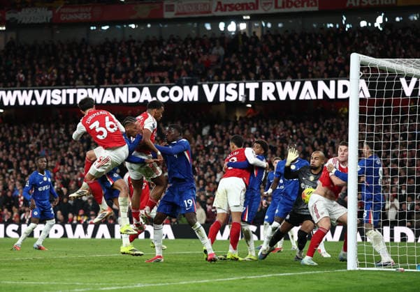 London, England, 1st March 2026. Jurrien Timber of Arsenal heads the second goal (2-1) during the Arsenal vs Chelsea Premier League match at the Emirates Stadium, London. Picture credit should read: David Klein Sportimage EDITORIAL USE ONLY. No use with unauthorised audio, video, data, fixture lists, club league logos or live services. Online in-match use limited to 120 images, no video emulation. No use in betting, games or single club league player publications. SPI_082_DK_Arsenal_Chelsea SPI-4568-0082
