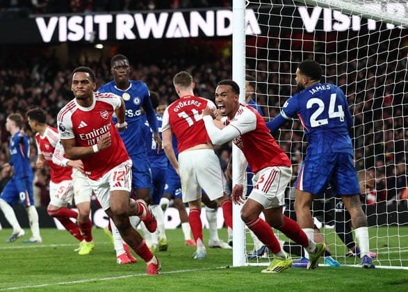 London, England, 1st March 2026. Jurrien Timber of Arsenal celebrates scoring their second goal (2-1) during the Arsenal vs Chelsea Premier League match at the Emirates Stadium, London. Picture credit should read: David Klein Sportimage EDITORIAL USE ONLY. No use with unauthorised audio, video, data, fixture lists, club league logos or live services. Online in-match use limited to 120 images, no video emulation. No use in betting, games or single club league player publications. SPI_083_DK_Arsenal_Chelsea SPI-4568-0083