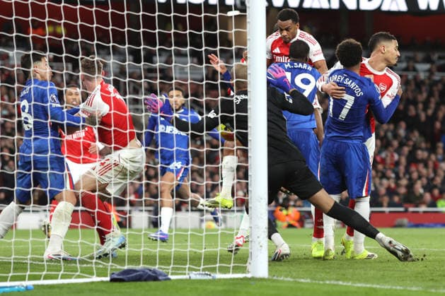 Arsenal v Chelsea 01 March 2026, London - Premier League Football - Arsenal v Chelsea - Jurrien Timber of Arsenal scoring the second goal for his team - Photo: Charlotte Wilson Offside. London UK Copyright: xCharlottexWilsonx xOffsidexOffside