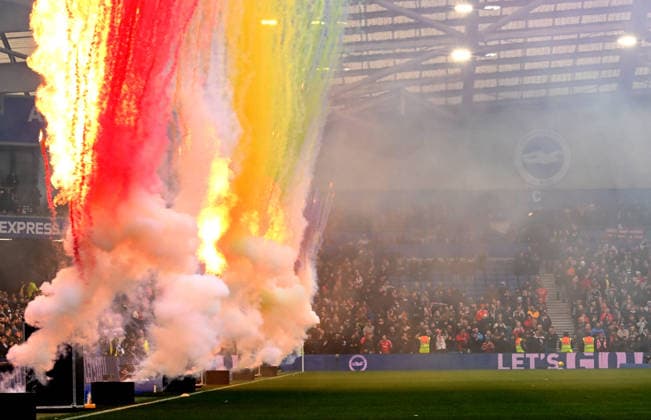 Coloured smoke and pyrotechnics go off before the Premier League match between Brighton and Hove Albion and Nottingham Forest at the American Express Stadium, Brighton UK - Sunday 1st March 2026 Brighton v Nottingham Forest Premier League Football, Amex Stadium, Sussex, UK - 01 Mar 2026Brighton Amex Stadium Sussex United Kingdom Editorial use only. No merchandising. For Football images FA and Premier League restrictions apply inc. no internet mobile usage without FAPL license - for details contact Football Dataco  Copyright: xLizxFinlayson TPI Shutterstockx 16718466be