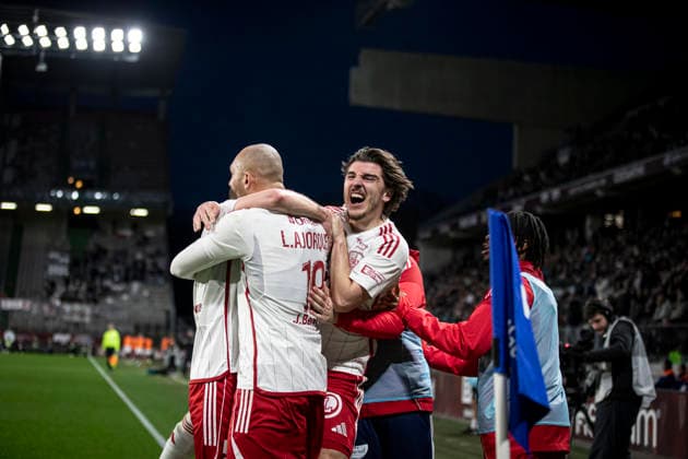 FOOTBALL : Metz vs Stade Brestois - ligue 1 - Metz - 01 03 26 Joie des joueurs de l equipe de Stade Brestois apres le but de Ludovic Ajorque 19  Copyright: xElyxandroxCEGARRAx