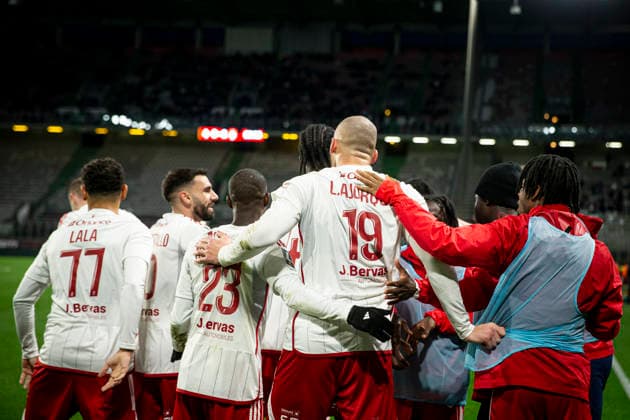 FOOTBALL : Metz vs Stade Brestois - ligue 1 - Metz - 01 03 26 Joie des joueurs de l equipe de Stade Brestois apres le but de Ludovic Ajorque 19  Copyright: xx