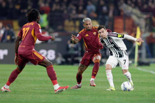 Italy: Serie a football match AS Roma vs Juventus Roma™s Brazilian defender Wesley challenges for the ball with juventus Portuguese forward Francisco Conceicao during the Serie A football match between AS Roma vs Juventus at the Olimpico Stadium in Rome, Italy on March 01, 2026. _BPH6925 Copyright: xAntonioxBalascox
