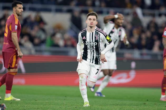 Italy: Serie a football match AS Roma vs Juventus juventus Portuguese forward Francisco Conceicao celebrates after scoring a goal of 1-1 during the Serie A football match between AS Roma vs Juventus at the Olimpico Stadium in Rome, Italy on March 01, 2026. _BPH8211 Copyright: xAntonioxBalascox