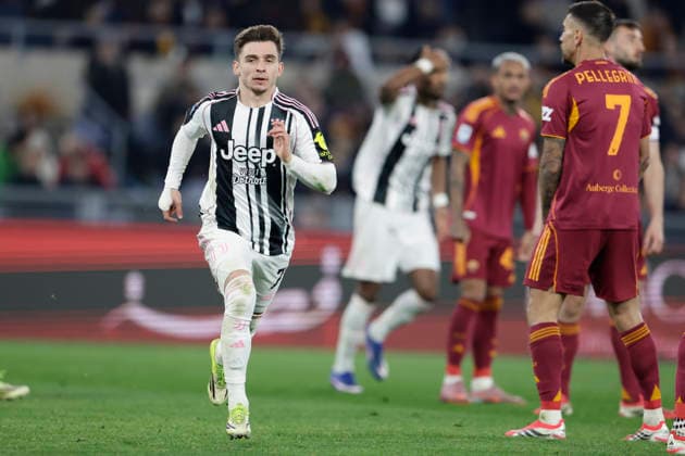 Italy: Serie a football match AS Roma vs Juventus juventus Portuguese forward Francisco Conceicao celebrates after scoring a goal of 1-1 during the Serie A football match between AS Roma vs Juventus at the Olimpico Stadium in Rome, Italy on March 01, 2026. _BPH8220 Copyright: xAntonioxBalascox