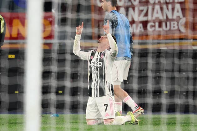 Francisco Conceicao of Juventus FC celebrates after scoring the goal of 1-1 during the Serie A 2025 2026 football match between AS Roma and Juventus FC at Olimpico stadium in Rome (Italy), March 1st, 2026. CesarexPurini