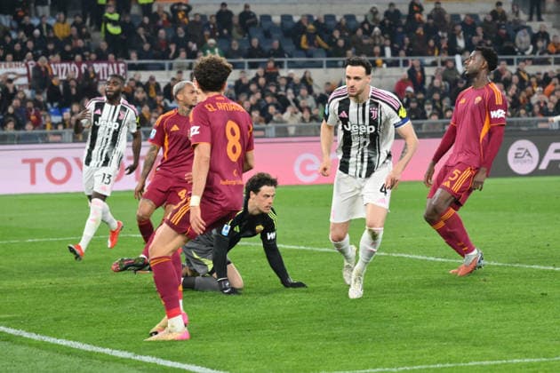 1st March 2026, Stadio Olimpico, Rome, Italy; Serie A Football; Roma versus Juventus; Federico Gatti of FC Juventus celebrates after scoring goal in the 93th minute for 3-3  AllShotLive Content restricted for UK based newspaper