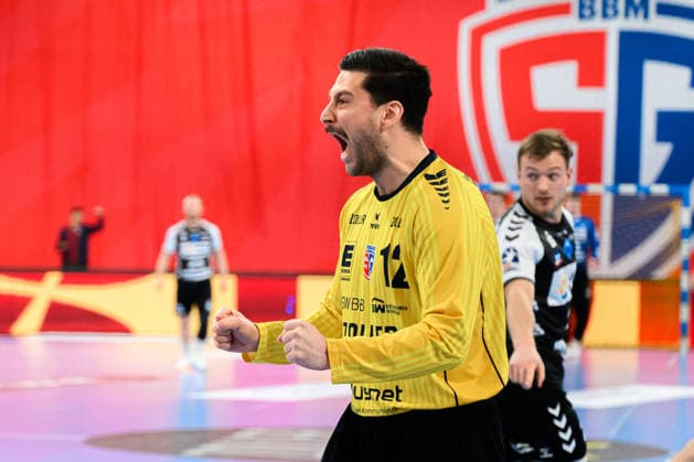 Bietigheim: HBL - 25 26 - SG BBM Bietigheim - HSG Nordhorn-Lingen Torhueter Martin Tomovski (Bietigheim) Jubel Freude Emotion Bietigheim-Bissingen Egetrans Arena Baden-Württemberg Deutschland