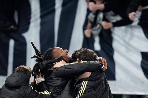 Federico Gatti (Juventus FC) celebrates with Khephren Thuram (Juventus FC) after scoring his team s third goal, Serie A, AS Roma v Juventus FC, Olimpico Stadium, March 1, 2026, Rome, Italy.