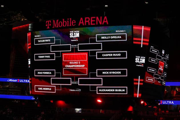 March 1, 2026: The players bracket is displayed on the scoreboard prior to the start of the MGM Slam Presented by Capital One on March 1, 2026 at T-Mobile Arena in Las Vegas, NV. Cal Media. Tennis 2026: MGM Slam Presented By Capital One MAR 01  - ZUMAc04_ 20260301_zma_c04_039 Copyright: xChristopherxTrimx