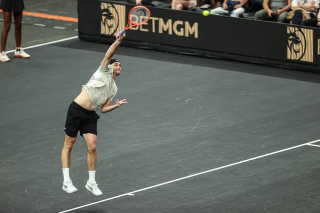 March 1, 2026: Taylor Fritz serves the ball during the MGM Slam Presented by Capital One on March 1, 2026 at T-Mobile Arena in Las Vegas, NV. Cal Media. Tennis 2026: MGM Slam Presented By Capital One MAR 01  - ZUMAc04_ 20260301_zma_c04_040 Copyright: xChristopherxTrimx