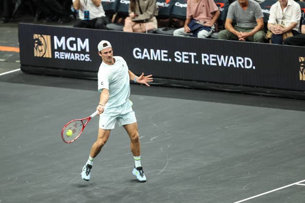March 1, 2026: Tommy Paul in action during the MGM Slam Presented by Capital One on March 1, 2026 at T-Mobile Arena in Las Vegas, NV. Cal Media. Tennis 2026: MGM Slam Presented By Capital One MAR 01  - ZUMAc04_ 20260301_zma_c04_050 Copyright: xChristopherxTrimx