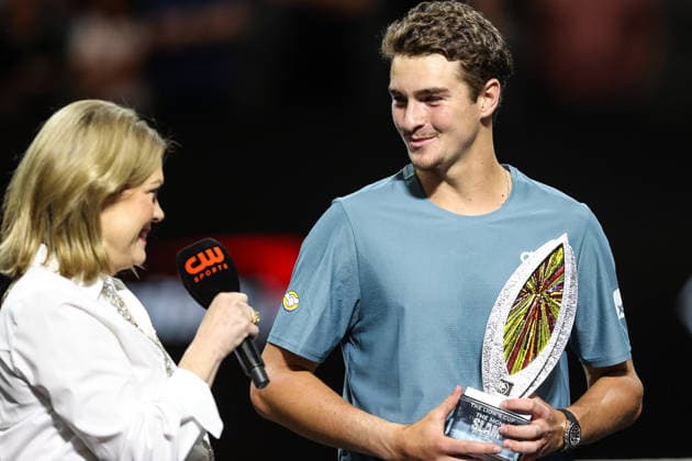 March 1, 2026: Joao Fonseca gives an interview while holding the championship trophy at the conclusion of the MGM Slam Presented by Capital One on March 1, 2026 at T-Mobile Arena in Las Vegas, NV. Cal Media. Las Vegas United States of America - ZUMAc04_ 20260301_zma_c04_234 Copyright: xChristopherxTrimx