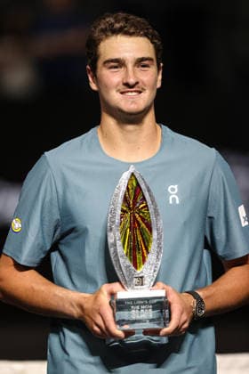 March 1, 2026: Joao Fonseca poses for photos, while holding the championship trophy, after winning the MGM Slam Presented by Capital One on March 1, 2026 at T-Mobile Arena in Las Vegas, NV. Cal Media. Tennis 2026: MGM Slam Presented By Capital One MAR 01  - ZUMAc04_ 20260301_zma_c04_239 Copyright: xChristopherxTrimx
