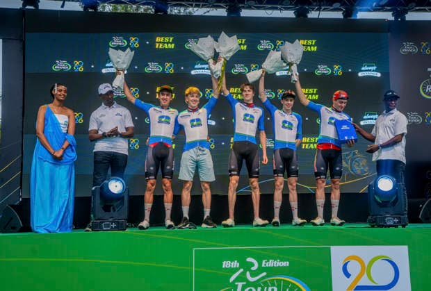 (260302) -- KIGALI, March 2, 2026 -- Athletes of Lotto-Groupe Wanty celebrate during the awarding ceremony for team classification of the general of the Tour du Rwanda 2026 in Kigali, Rwanda, March 1,2026. (Photo by Xinhua) (SP)RWANDA-KIGALI-CYCLING-TOUR DU RWANDA 2026 CyrilxNdegeya 