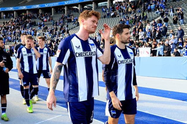 DEU, DFL, 2. FBL, Hertha BSC vs. 1.FC Nuernberg, 01.03.2026, Berliner Olympiastadion, Berlin, DEU, DFL, 2. FBL, Hertha BSC vs. 1.FC Nuernberg, im Bild Josip Brekalo (Hertha BSC Berlin 7), Sebastian Groenning (Hertha BSC Berlin 17) DFL - regulations prohibit any use of Photographs as image sequences and or quasi-video