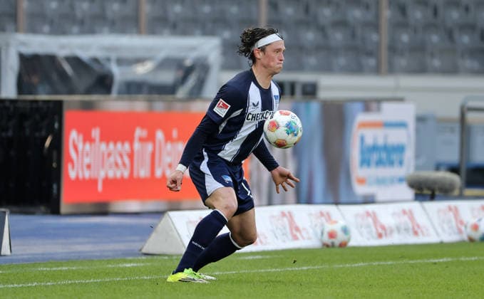 Fabian Reese am Ball Einzelbild Freisteller Aktion Fußball Fussball DFL 2. Bundesliga Herren 24. Spieltag Saison 2025 2026 01.03.2026 Hertha BSC Berlin vs. 1.FC Nürnberg FCN DFL regulations prohibit any use of photographs as image sequences and or quasi-video