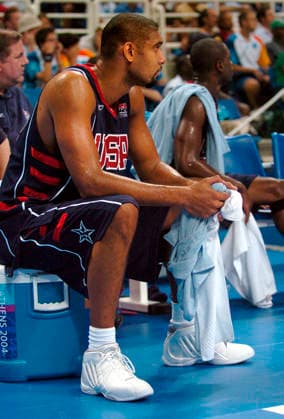 Aug 27, 2004; Athens, GREECE; U.S. Olympic basketball team member TIM DUNCAN sits on the bench after fouling out of the Americans 89-81 loss to Argentina in the semi-finals during the XXVIII Olympiad. Athens GREECE Copyright: xW.Luther SanxAntonioxExpress-Newx