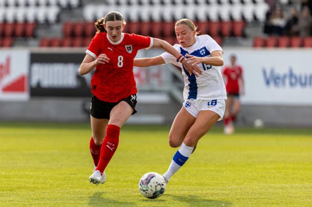 WOMEN SOCCER - U19, AUT vs FIN test match VIENNA,AUSTRIA,02.MAR.26 - WOMEN SOCCER - OEFB Under-19 international test match, Austria vs Finland. Image shows Greta Spinn (AUT) and Saara Lahtela (FIN).  GEPAxpictures xPhilippxBrem