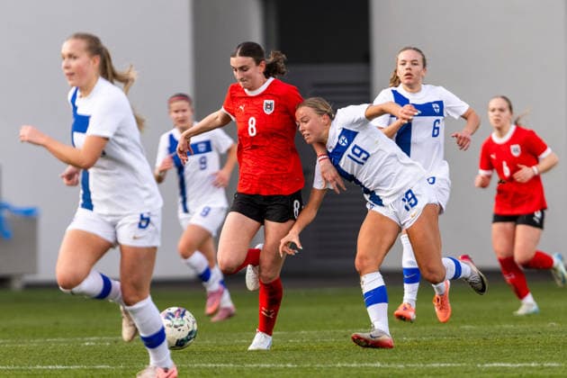 WOMEN SOCCER - U19, AUT vs FIN test match VIENNA,AUSTRIA,02.MAR.26 - WOMEN SOCCER - OEFB Under-19 international test match, Austria vs Finland. Image shows Greta Spinn (AUT) and Saara Lahtela (FIN).  GEPAxpictures xPhilippxBrem
