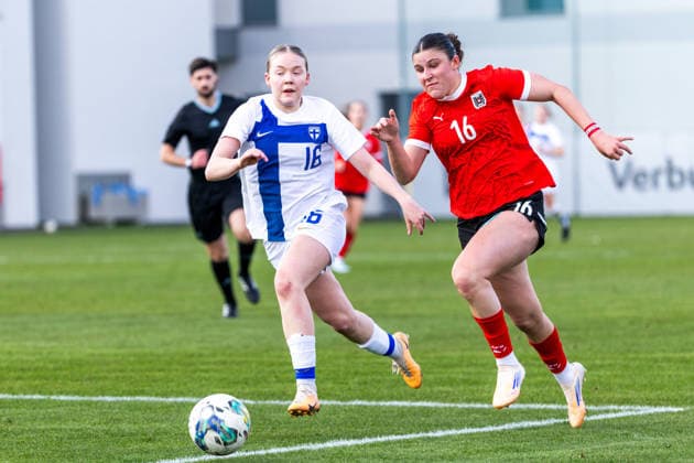 WOMEN SOCCER - U19, AUT vs FIN test match VIENNA,AUSTRIA,02.MAR.26 - WOMEN SOCCER - OEFB Under-19 international test match, Austria vs Finland. Image shows Cecilia Jaentti (FIN) and Emely Schaefer (AUT).  GEPAxpictures xPhilippxBrem