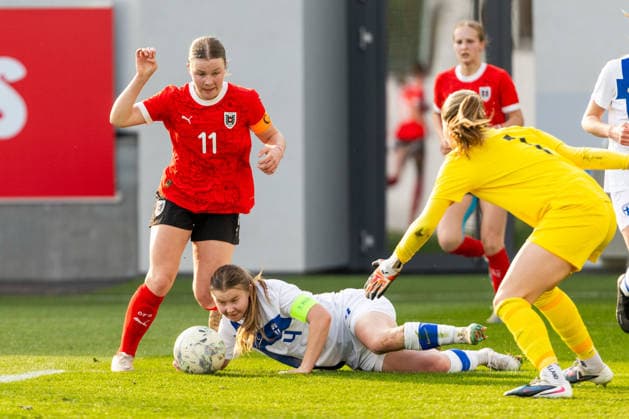 WOMEN SOCCER - U19, AUT vs FIN test match VIENNA,AUSTRIA,02.MAR.26 - WOMEN SOCCER - OEFB Under-19 international test match, Austria vs Finland. Image shows Valentina Illinger (AUT) and Reeta Pirilae (FIN).  GEPAxpictures xPhilippxBrem
