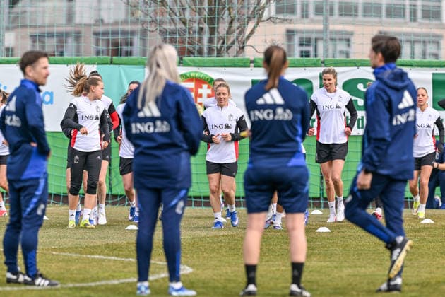 SOCCER WOMEN UEFA QUALIFIERS B4 MD-1 ISRAEL VS BELGIUM Jarne Teulings (19) of Belgium , Elena Dhont (13) of Belgium , Justine Vanhaevermaet (10) of Belgium pictured during a women football training session MD-1 before the game between the national teams of Israel and Belgium, called the Red Flames, on the first match day in League B Group B4 in the league stage of the 2026-27 UEFA Women s European Qualifiers competition , on Monday 2 March 2026 in Budapest , Hungary . PHOTO SPORTPIX Stijn Audooren Budapest BSC Stadium - Budaors Hungary  Copyright: xSportpix.bex xStijnxAudoorenxStijnxAudoorenx