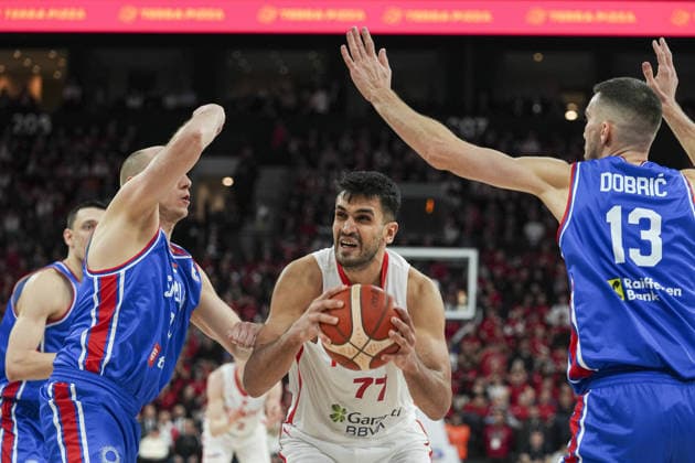 Turkiye v Serbia - FIBA Basketball World Cup 2027 European Qualifiers ISTANBUL, TURKIYE - MARCH 02: Omer Yurtseven (77) of Turkiye in action against Ognjen Dobric (13) of Serbia during the FIBA Basketball World Cup 2027 European Qualifiers First Round Group C match at the Basketball Development Center in Istanbul, Turkiye, on March 02, 2026. Arife Karakum Anadolu Istanbul Turkey. Editorial use only. Please get in touch for any other usage.  Copyright: x2026xAnadoluxArifexKarakumx