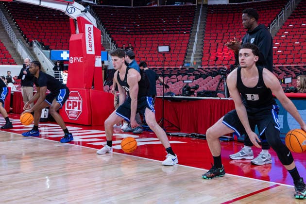March 2, 2026, Raleigh, North Carolina, USA: (right to left) Duke Blue Devils guard DARREN HARRIS (8), Duke Blue Devils guard JACK SCOTT (20) and Duke Blue Devils guard SEBASTIAN WILKINS (5) warm up with dribbling drills prior to the NCAA, College League, USA ACC menÃ¢â‚¬â ¢s basketball game between the Duke Blue Devils and the NC State Wolfpack at the Lenovo Center in Raleigh, North Carolina. Raleigh USA - ZUMAa220 20260302_znp_a220_006 Copyright: xIsraelxAntax