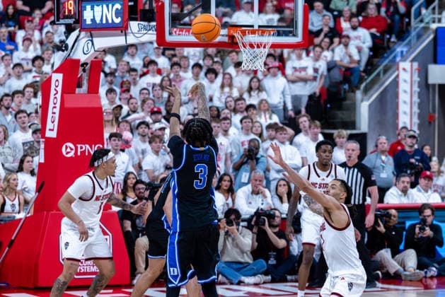 March 2, 2026, Raleigh, North Carolina, USA: Duke Blue Devils guard ISAIAH EVANS (3) shoots a jump shot during the first half of the NCAA, College League, USA ACC menÃ¢â‚¬â ¢s basketball game between the Duke Blue Devils and the NC State Wolfpack at the Lenovo Center in Raleigh, North Carolina. Raleigh USA - ZUMAa220 20260302_znp_a220_027 Copyright: xIsraelxAntax
