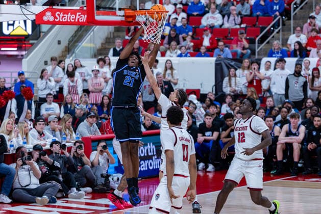 March 2, 2026, Raleigh, North Carolina, USA: Duke Blue Devils center PATRICK NGONGBA (21) goes up for a layup during the second half of the NCAA, College League, USA ACC menÃ¢â‚¬â ¢s basketball game between the Duke Blue Devils and the NC State Wolfpack at the Lenovo Center in Raleigh, North Carolina. Raleigh USA - ZUMAa220 20260302_znp_a220_052 Copyright: xIsraelxAntax