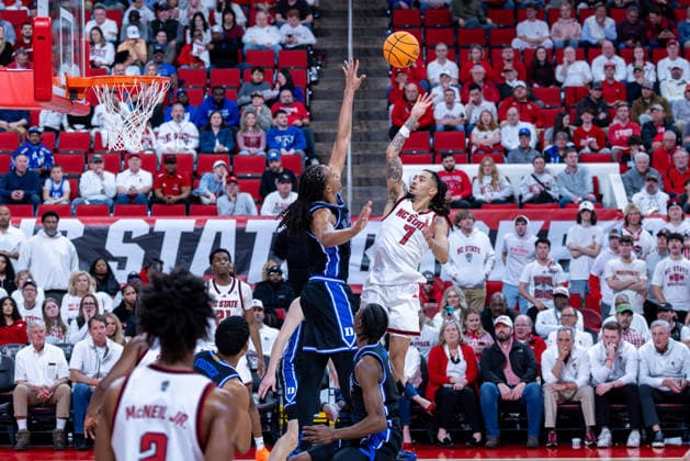 March 2, 2026, Raleigh, North Carolina, USA: NC State Wolfpack guard ALYN BREED (7) shoots a fade-away jump shot during the second half of the NCAA, College League, USA ACC menÃ¢â‚¬â ¢s basketball game between the Duke Blue Devils and the NC State Wolfpack at the Lenovo Center in Raleigh, North Carolina. Raleigh USA - ZUMAa220 20260302_znp_a220_054 Copyright: xIsraelxAntax