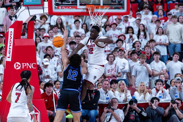 March 2, 2026, Raleigh, North Carolina, USA: NC State Wolfpack center SCOTTIE EBUBE (12) blocks a Duke Blue Devils forward CAMERON BOOZER (12) shot during the second half of the NCAA, College League, USA ACC menÃ¢â‚¬â ¢s basketball game between the Duke Blue Devils and the NC State Wolfpack at the Lenovo Center in Raleigh, North Carolina. Raleigh USA - ZUMAa220 20260302_znp_a220_069 Copyright: xIsraelxAntax