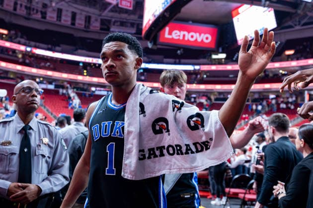 March 2, 2026, Raleigh, North Carolina, USA: Duke Blue Devils guard CALEB FOSTER (1) shakes fans hands while leaving the court following the NCAA, College League, USA ACC menÃ¢â‚¬â ¢s basketball game between the Duke Blue Devils and the NC State Wolfpack at the Lenovo Center in Raleigh, North Carolina. Raleigh USA - ZUMAa220 20260302_znp_a220_076 Copyright: xIsraelxAntax