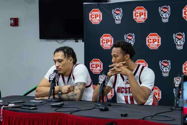 March 2, 2026, Raleigh, North Carolina, USA: NC State Wolfpack guard QUADIR COPELAND (11) (right) and NC State Wolfpack forward DARRION WILLIAMS (1) (left) speak with the media during postgame interviews following the NCAA, College League, USA ACC menÃ¢â‚¬â ¢s basketball game between the Duke Blue Devils and the NC State Wolfpack at the Lenovo Center in Raleigh, North Carolina. Raleigh USA - ZUMAa220 20260302_znp_a220_082 Copyright: xIsraelxAntax