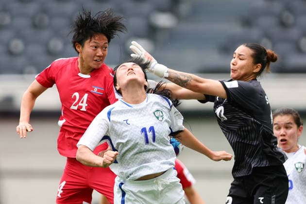 Zarina Saidova of Uzbekistan, Martina Shoyimova of Uzbekistan contests the ball with Ri Song-A of DPR Korea during the AFC Womens Asian Cup 2026 match between Korea DPR Women and Uzbekistan Women at Western Sydney Stadium, Sydney, Australia on 3 March 2026. Copyright: xPeterxDovganx 44600054
