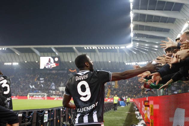 Udinese s Keinan Davis celebrates after scoring a goal during the Italian Serie A Enilive match between Udinese Calcio vs ACF Fiorentina at the Bluenergy Stadium in Udinese, Italy, 02 March 2026.  Copyright: xMattiaxRadoni IPAxSportx xipa-agency.netx xx IPA_72308280 IPA_Agency_IPA72308280