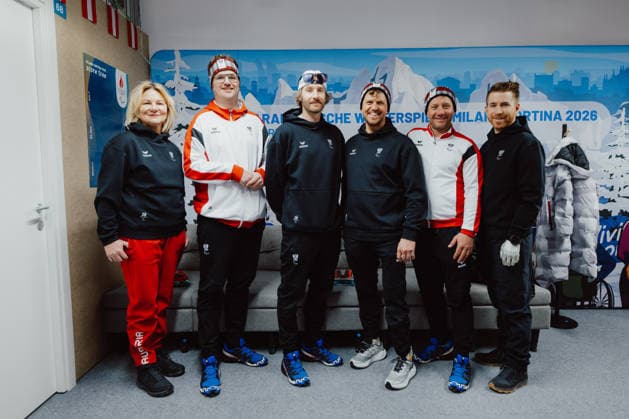 PARALYMPICS - Winter Paralympics Milano Cortina 2026 CORTINA D AMPEZZO,ITALY,03.MAR.26 - PARALYMPICS - Paralympic Winter games, Winterspiele,Spiele, Summer games Milano Cortina 2026, preview. Image shows general secretary Petra Huber (OEPC), Markus Schmidhofer (AUT), a participant, Rene Eckhart (AUT), Oliver Dreier (AUT) and Patrick Mayrhofer (OEPC).  GEPAxpictures xAlexanderxSolc