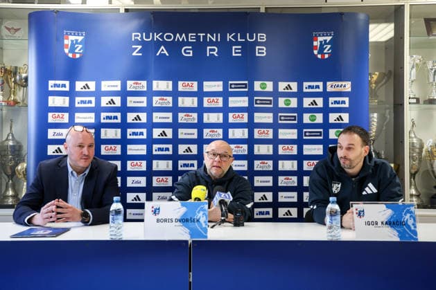 HC Zagreb press conference, PK, Pressekonferenz EHF Champions League 2025 2026 Spokesman of HC Zagreb Goran Roknic, Head Coach of HC Zagreb Boris Dvorsek (C) and player Igor Karacic (R) attend a press conference at Tresnjevka Sports Hall on March 3, 2026. in Zagreb, Croatia ahead of the EHF Champions League match between HC Zagreb and Orlen Wisla Plock.  IgorxKralj PIXSELL