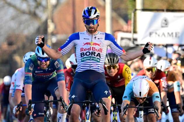 Ename Grand Prix Le Samyn 2026 Cycling Race DOUR, BELGIUM - MARCH 03 : Meeus Jordi (BEL) of Red Bull - BORA - Hansgrohe wins the sprint, second place for Rex Laurenz (BEL) of Soudal Quick-Step, third place for Hofstetter Hugo (FRA) of NSN Cycling Team during the 58th edition of Ename Grand Prix Le Samyn an UCI Class 1.1 one day cycling road race for Men Elite of km with start in Quaregnon and finish in Dour on March 3, 2026 in Dour, Belgium, 03 03 2026 ( Motordriver Kenny Verfaillie - Dour Belgium  Copyright: xJanxDexMeuleneirx