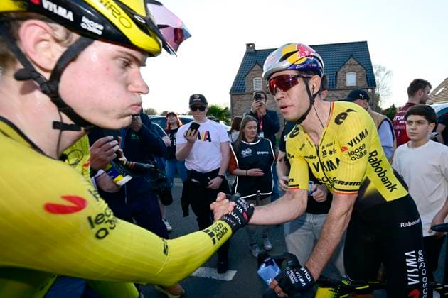 Ename Grand Prix Le Samyn 2026 Cycling Race DOUR, BELGIUM - MARCH 03 : Hagenes Per Strand (NOR) of Team Visma I Lease a Bike and Van Aert Wout (BEL) of Team Visma I Lease a Bike after the 58th edition of Ename Grand Prix Le Samyn an UCI Class 1.1 one day cycling road race for Men Elite of km with start in Quaregnon and finish in Dour on March 3, 2026 in Dour, Belgium, 03 03 2026 ( Motordriver Kenny Verfaillie - Dour Belgium  Copyright: xJanxDexMeuleneirx