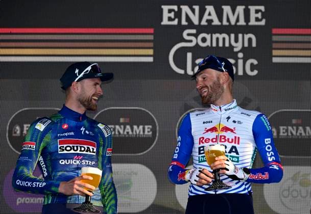 Ename Grand Prix Le Samyn 2026 Cycling Race DOUR, BELGIUM - MARCH 03 : Rex Laurenz (BEL) of Soudal Quick-Step, Meeus Jordi (BEL) of Red Bull - BORA - Hansgrohe pictured during the podium ceremony of the 58th edition of Ename Grand Prix Le Samyn an UCI Class 1.1 one day cycling road race for Men Elite of km with start in Quaregnon and finish in Dour on March 3, 2026 in Dour, Belgium, 03 03 2026 ( Motordriver Kenny Verfaillie - Dour Belgium  Copyright: xJanxDexMeuleneirx