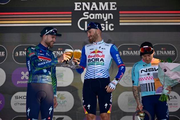 Ename Grand Prix Le Samyn 2026 Cycling Race DOUR, BELGIUM - MARCH 03 : Rex Laurenz (BEL) of Soudal Quick-Step, Meeus Jordi (BEL) of Red Bull - BORA - Hansgrohe and Hofstetter Hugo (FRA) of NSN Cycling Team pictured during the podium ceremony of the 58th edition of Ename Grand Prix Le Samyn an UCI Class 1.1 one day cycling road race for Men Elite of km with start in Quaregnon and finish in Dour on March 3, 2026 in Dour, Belgium, 03 03 2026 ( Motordriver Kenny Verfaillie - Dour Belgium  Copyright: xJanxDexMeuleneirx