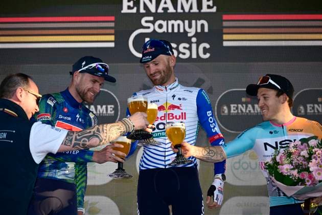 Ename Grand Prix Le Samyn 2026 Cycling Race DOUR, BELGIUM - MARCH 03 : Rex Laurenz (BEL) of Soudal Quick-Step, Meeus Jordi (BEL) of Red Bull - BORA - Hansgrohe and Hofstetter Hugo (FRA) of NSN Cycling Team pictured during the podium ceremony of the 58th edition of Ename Grand Prix Le Samyn an UCI Class 1.1 one day cycling road race for Men Elite of km with start in Quaregnon and finish in Dour on March 3, 2026 in Dour, Belgium, 03 03 2026 ( Motordriver Kenny Verfaillie - Dour Belgium  Copyright: xJanxDexMeuleneirx
