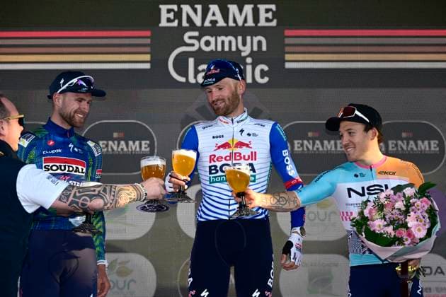 Ename Grand Prix Le Samyn 2026 Cycling Race DOUR, BELGIUM - MARCH 03 : Rex Laurenz (BEL) of Soudal Quick-Step, Meeus Jordi (BEL) of Red Bull - BORA - Hansgrohe and Hofstetter Hugo (FRA) of NSN Cycling Team pictured during the podium ceremony of the 58th edition of Ename Grand Prix Le Samyn an UCI Class 1.1 one day cycling road race for Men Elite of km with start in Quaregnon and finish in Dour on March 3, 2026 in Dour, Belgium, 03 03 2026 ( Motordriver Kenny Verfaillie - Dour Belgium  Copyright: xJanxDexMeuleneirx
