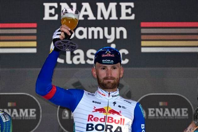 Ename Grand Prix Le Samyn 2026 Cycling Race DOUR, BELGIUM - MARCH 03 : Meeus Jordi (BEL) of Red Bull - BORA - Hansgrohe pictured during the podium ceremony of the 58th edition of Ename Grand Prix Le Samyn an UCI Class 1.1 one day cycling road race for Men Elite of km with start in Quaregnon and finish in Dour on March 3, 2026 in Dour, Belgium, 03 03 2026 ( Motordriver Kenny Verfaillie - Dour Belgium  Copyright: xJanxDexMeuleneirx